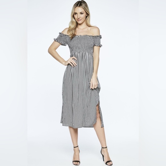 BARDOT Cindy Gingham Off the Shoulder Midi Dress - Picture 3 of 15